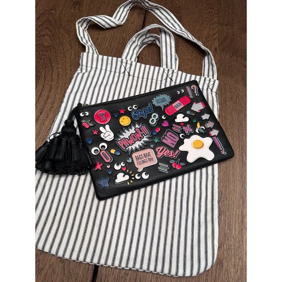 Anya Hindmarch Georgiana All Over Wink Sticker Clutch Bag Black Leather - Picture 2 of 9